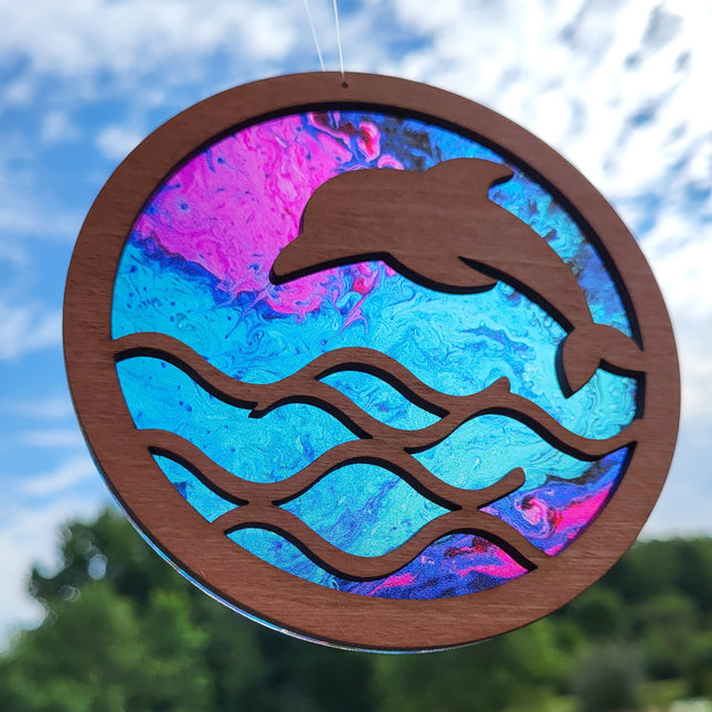 Dolphin Acrylic Suncatcher w/ Wood Overlay
