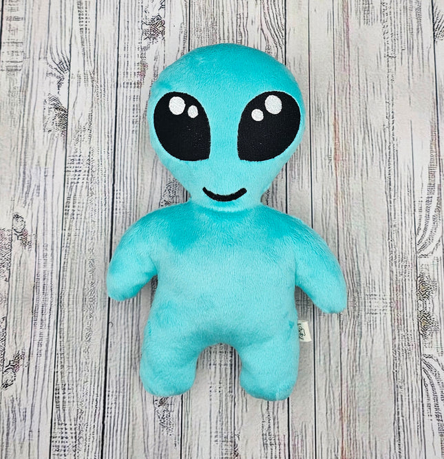 image of the front of the aqua alien plush with big embroidered kawaii eyes