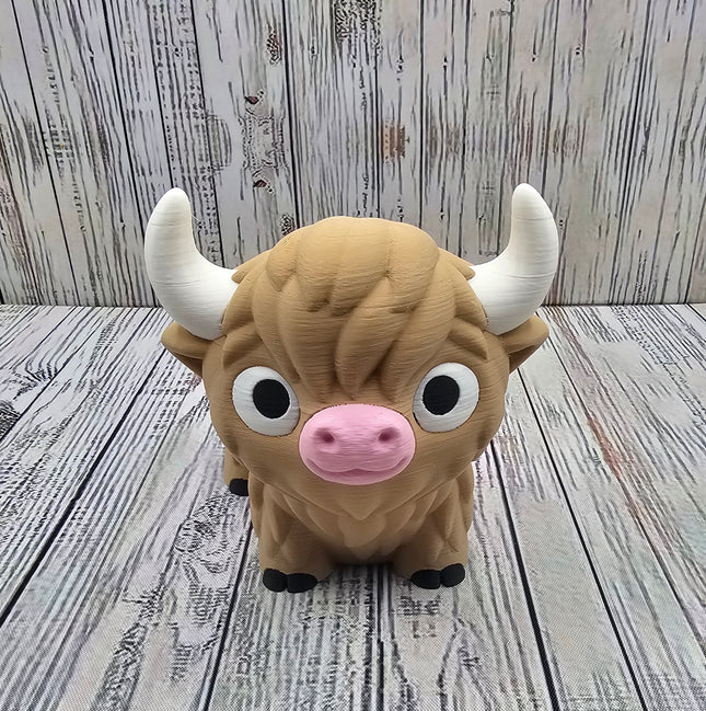Image of large, 3d printed, light brown highland cow