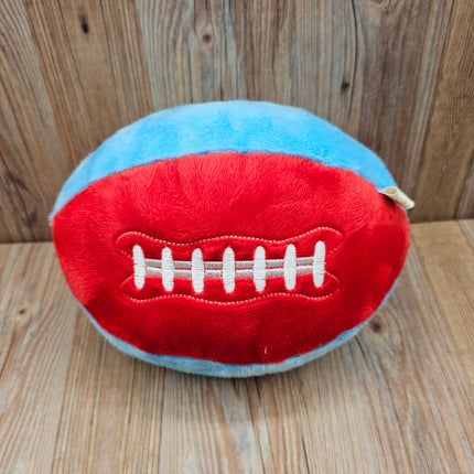 image of plush football dog toy in red/blue with embroidered laces