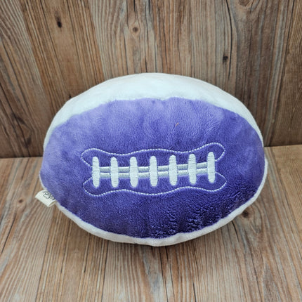 image of plush football dog toy in purple/white with embroidered laces