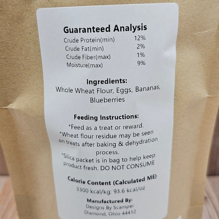 Label on a treat bag with nutritional information, ingredients, and feeding instructions.
