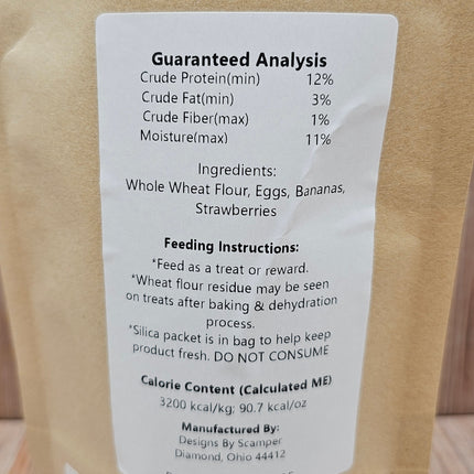 image of back of treat bag that shows guaranteed analysis as well as ingredient info for dog treats