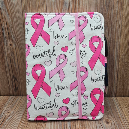 Pink Ribbon Fabric Journal Cover – A5 Notebook with Pen (Breast Cancer Awareness Gift)
