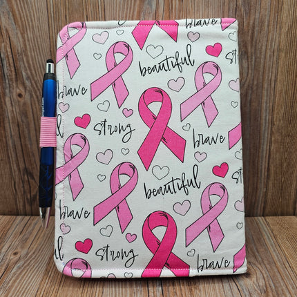 Pink Ribbon Fabric Journal Cover – A5 Notebook with Pen (Breast Cancer Awareness Gift)