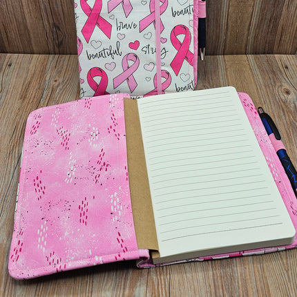 Pink Ribbon Fabric Journal Cover – A5 Notebook with Pen (Breast Cancer Awareness Gift)
