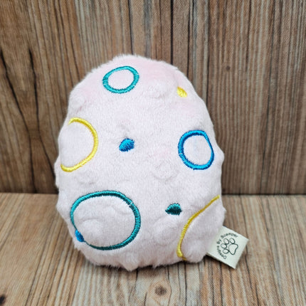 pink easter egg plush cat toy with embroidered circles