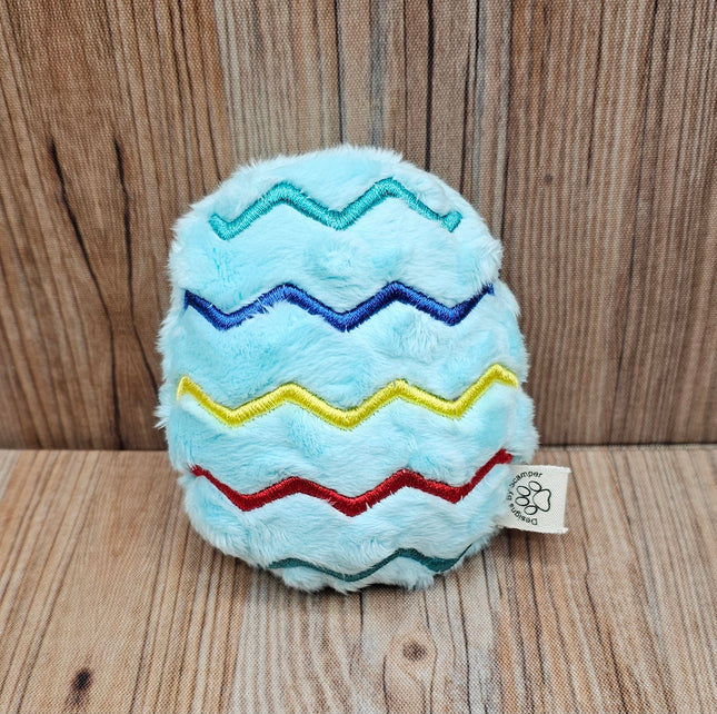 light blue plush easter egg cat toy with embroidered zigzag pattern in multiple colors