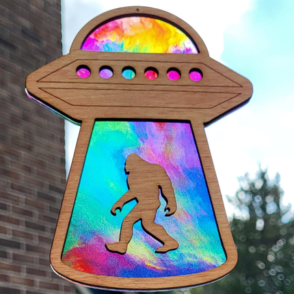 Bigfoot With UFO Suncatcher w/ Wood Overlay