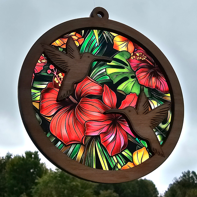 Hummingbird Acrylic Suncatcher w/ Wood Overlay (2 Patterns)