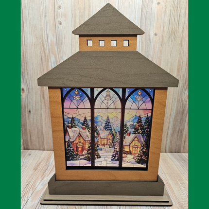 Winter Themed Lantern Shelf Sitter With Transparent, Changeable Scene