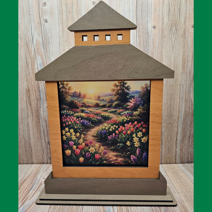 Spring Themed Lantern Shelf Sitter With Transparent, Changeable Scene