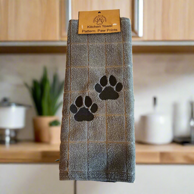 100% polyester, gray kitchen towel with 2 embroidered black paw prints