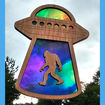 Bigfoot With UFO Suncatcher w/ Wood Overlay