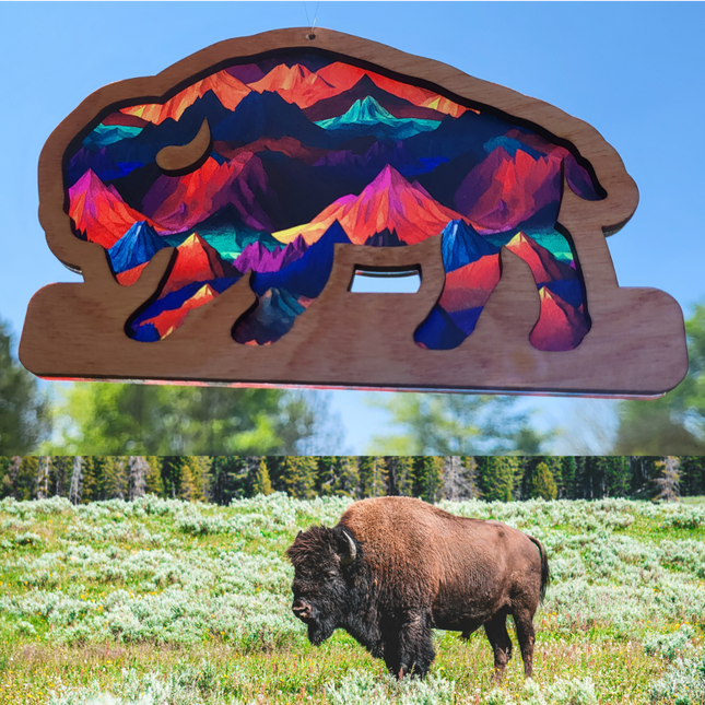 Bison Acrylic Suncatcher w/ Wood Overlay