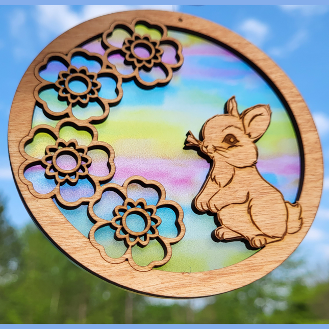 Bunny w/ Flowers Acrylic Suncatcher w/ Wood Overlay