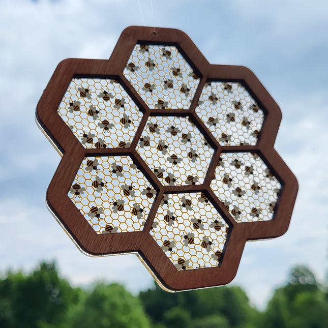 Honeycomb/Bee Acrylic Suncatcher w/ Wood Overlay