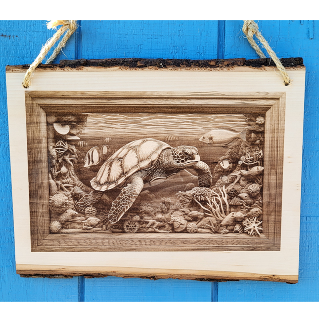 Live Edge 3d Illusion Laser Etching - Sea Turtle & Fish
