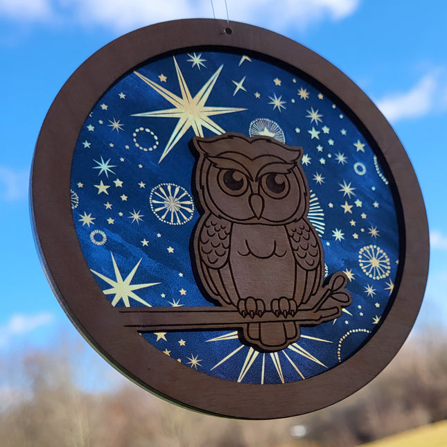 an image of a wooden suncatcher in the shape of a circle. A laser engraved owl on a branch is in the middle. The transparent acrylic background is a night scene with lots of different stars. 