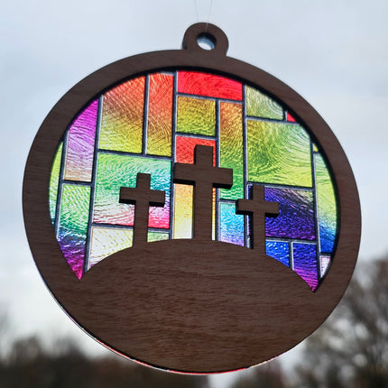 3 Crosses Acrylic Suncatcher w/ Wood Overlay