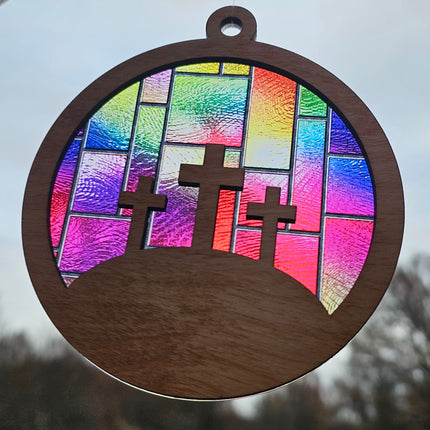 3 Crosses Acrylic Suncatcher w/ Wood Overlay