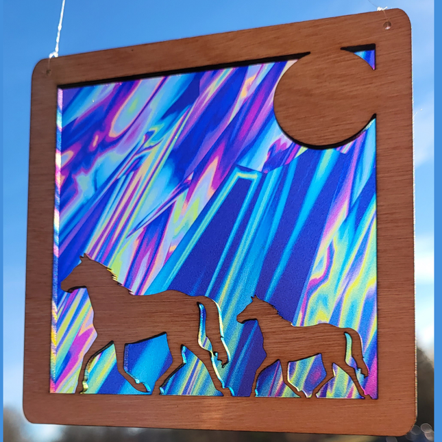 Trotting Horses Wooden Suncatcher with Transparent Acrylic Background
